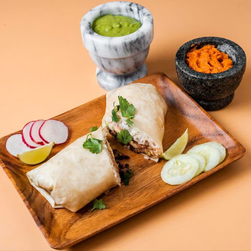 Two La Familia burritos, one cut open, with sides of radish, lime, cucumber, green and orange sauces.